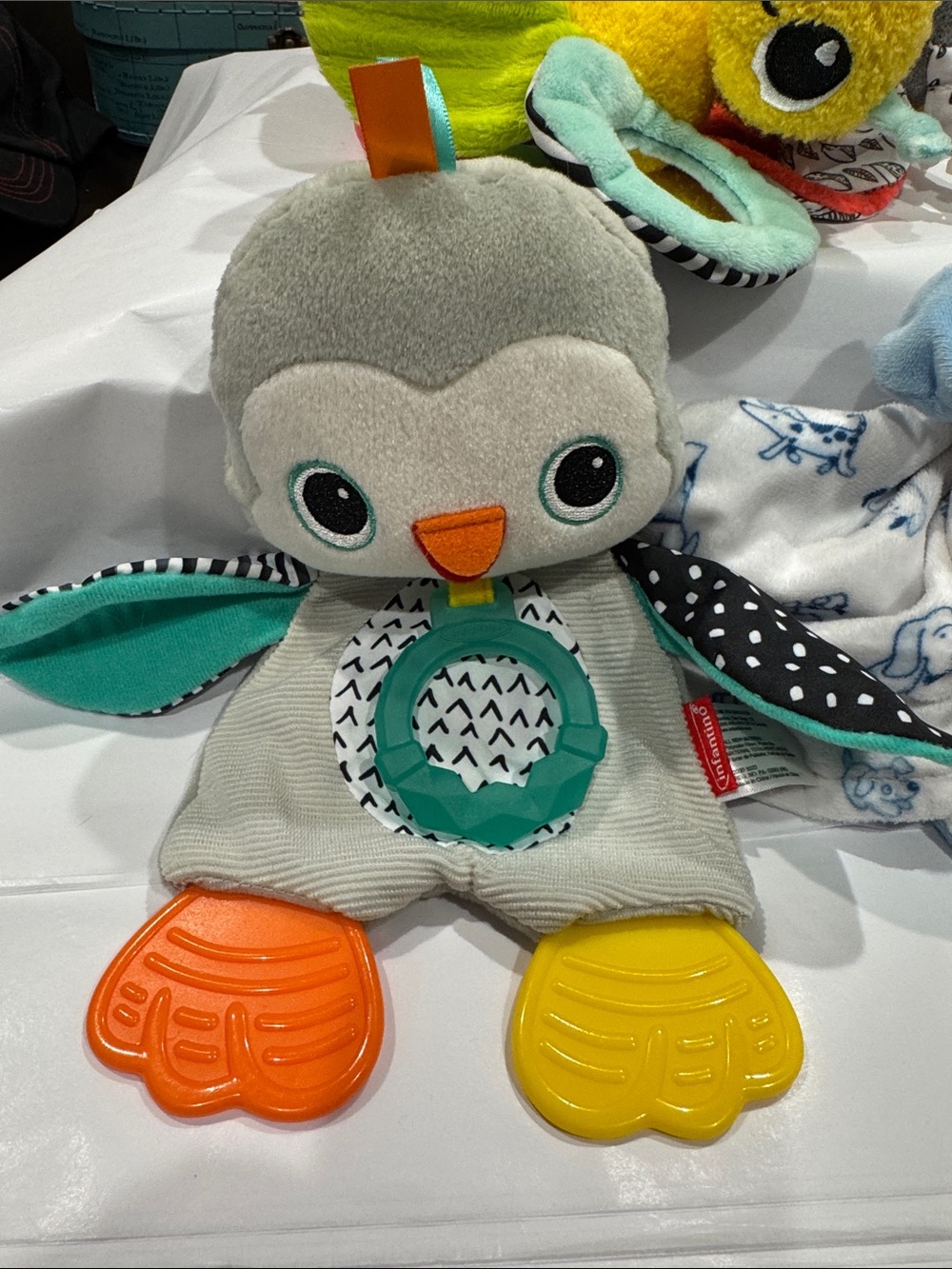 Infantino Gray and Teal Penguin Sensory Teether Lovey - Picture 2 of 4